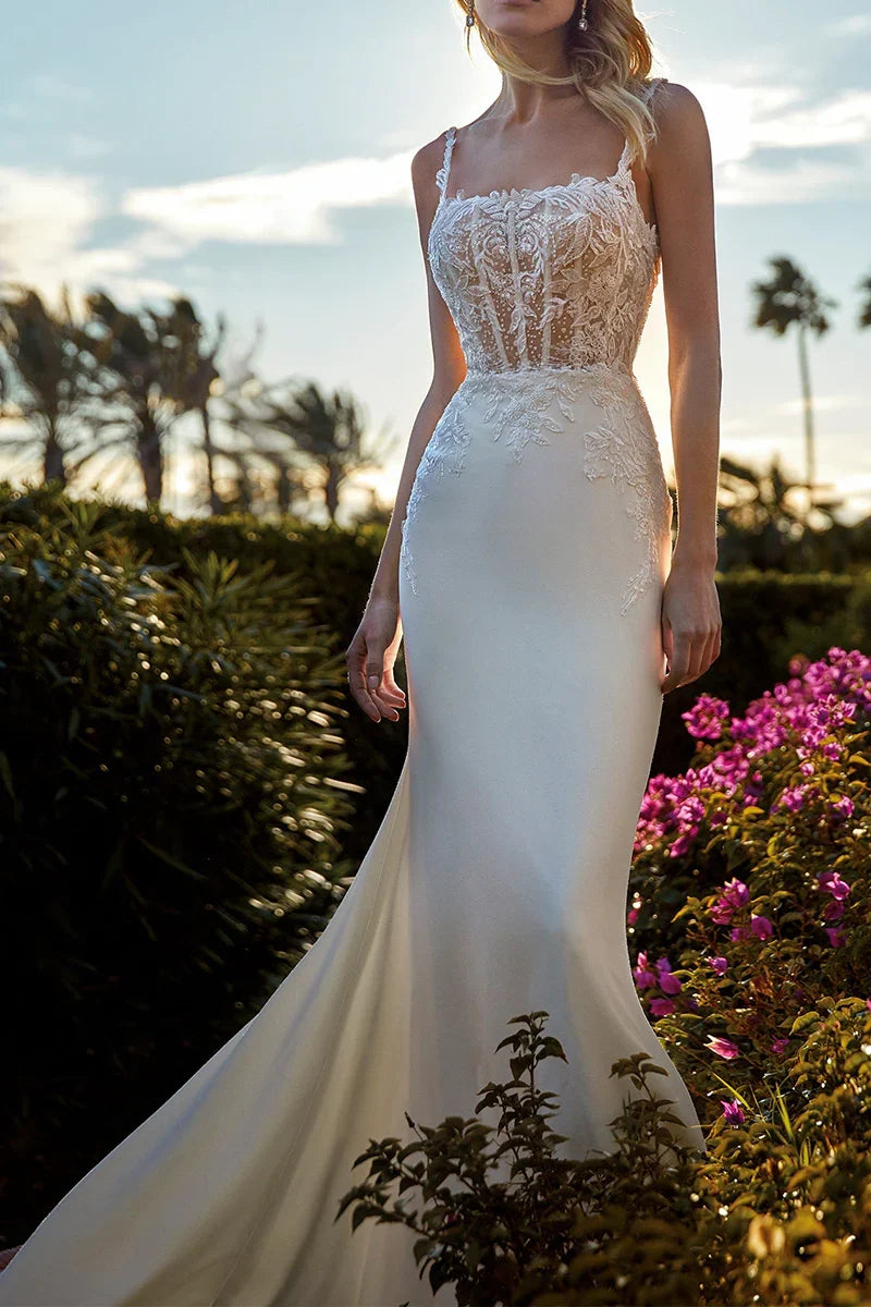 Spaghetti Strap Lace Corset Mermaid Satin Wedding Dress