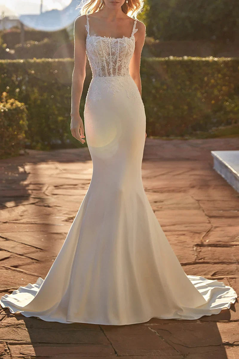Spaghetti Strap Lace Corset Mermaid Satin Wedding Dress