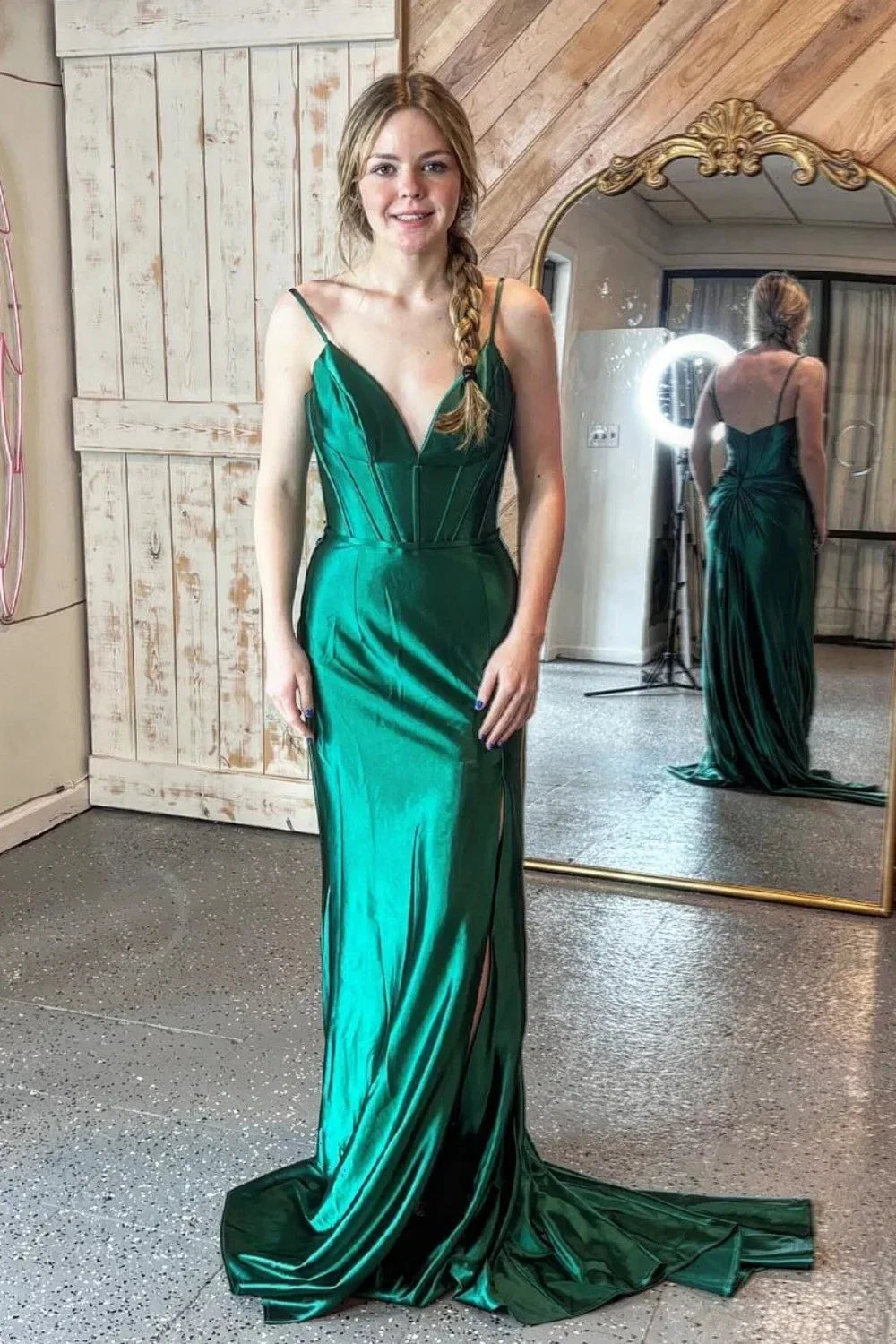 Emerald Green Satin Corset Mermaid High Slit Long Train Prom Dresses