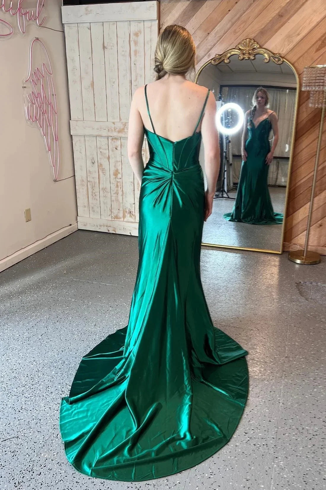 Emerald Green Satin Corset Mermaid High Slit Long Train Prom Dresses