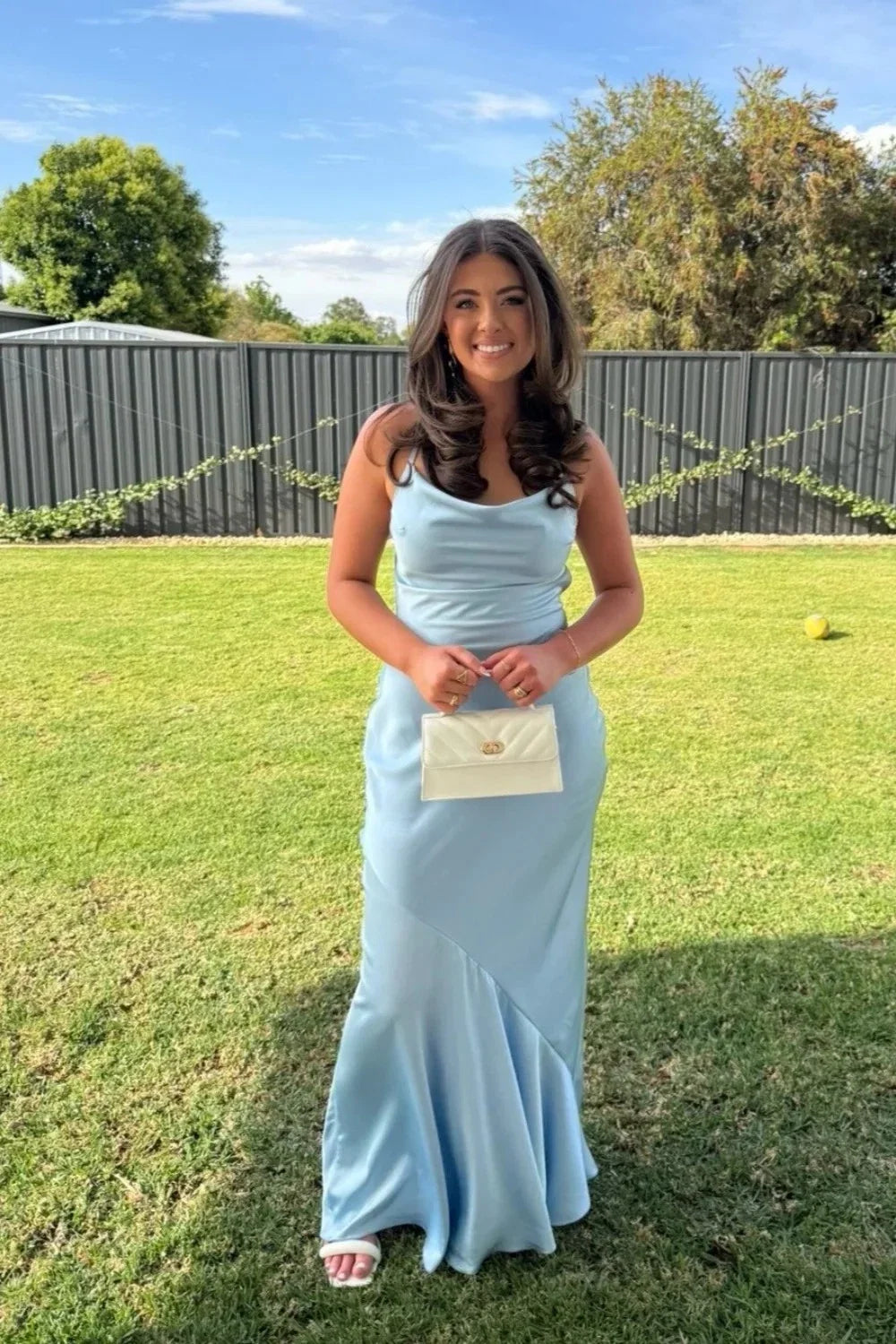 Light Blue Cowl Neck Tie‑Back Satin Mermaid Evening Dresses
