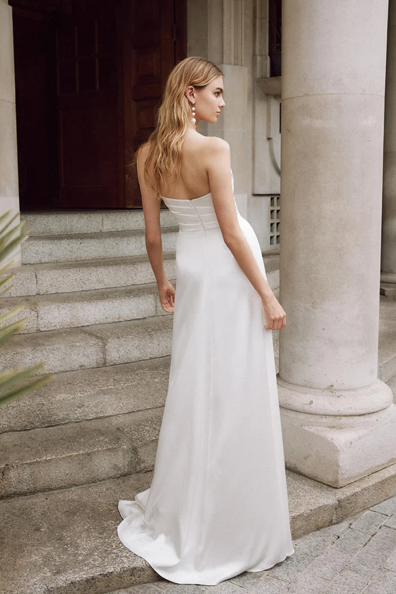 Strapless Sweetheart Satin Wedding Dress Draped High Slit Train
