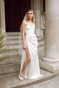 Strapless Sweetheart Satin Wedding Dress Draped High Slit Train