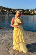Yellow Halter Tiered Ruffle Backless Chiffon Evening Dresses