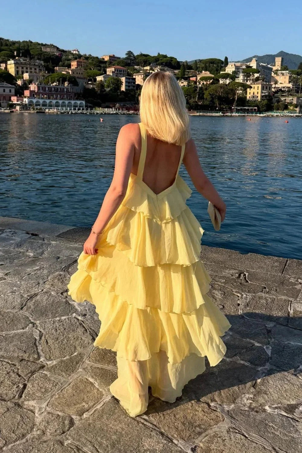 Yellow Halter Tiered Ruffle Backless Chiffon Evening Dresses