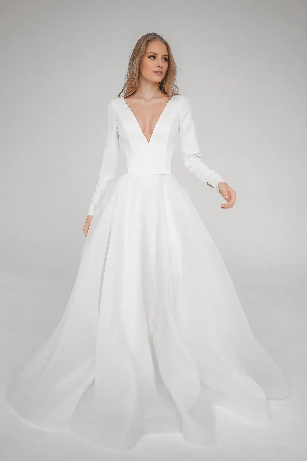 A-Line V-Neck Long Sleeve Open Back Floor-Length Wedding Dress - Chloe Dress