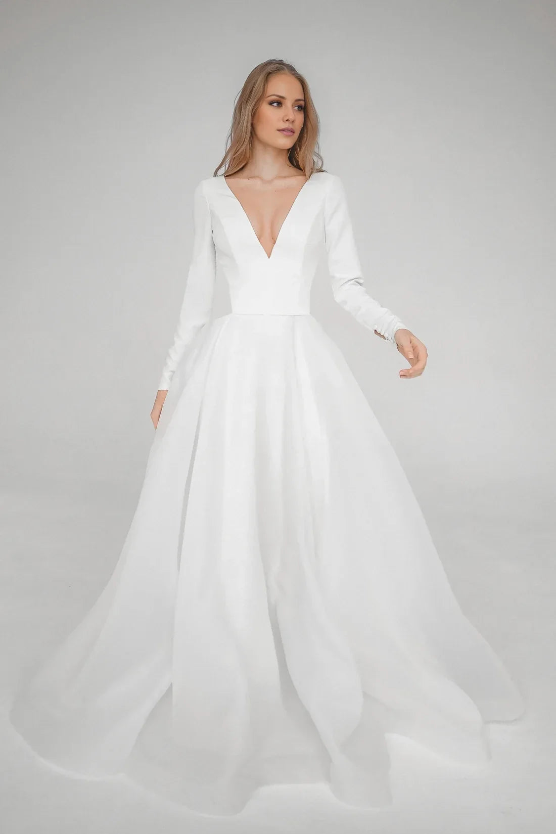 A-Line V-Neck Long Sleeve Open Back Floor-Length Wedding Dress - Chloe Dress
