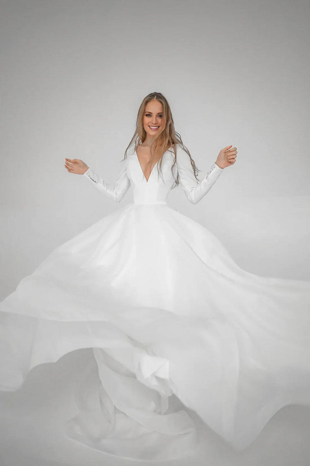 A-Line V-Neck Long Sleeve Open Back Floor-Length Wedding Dress - Chloe Dress