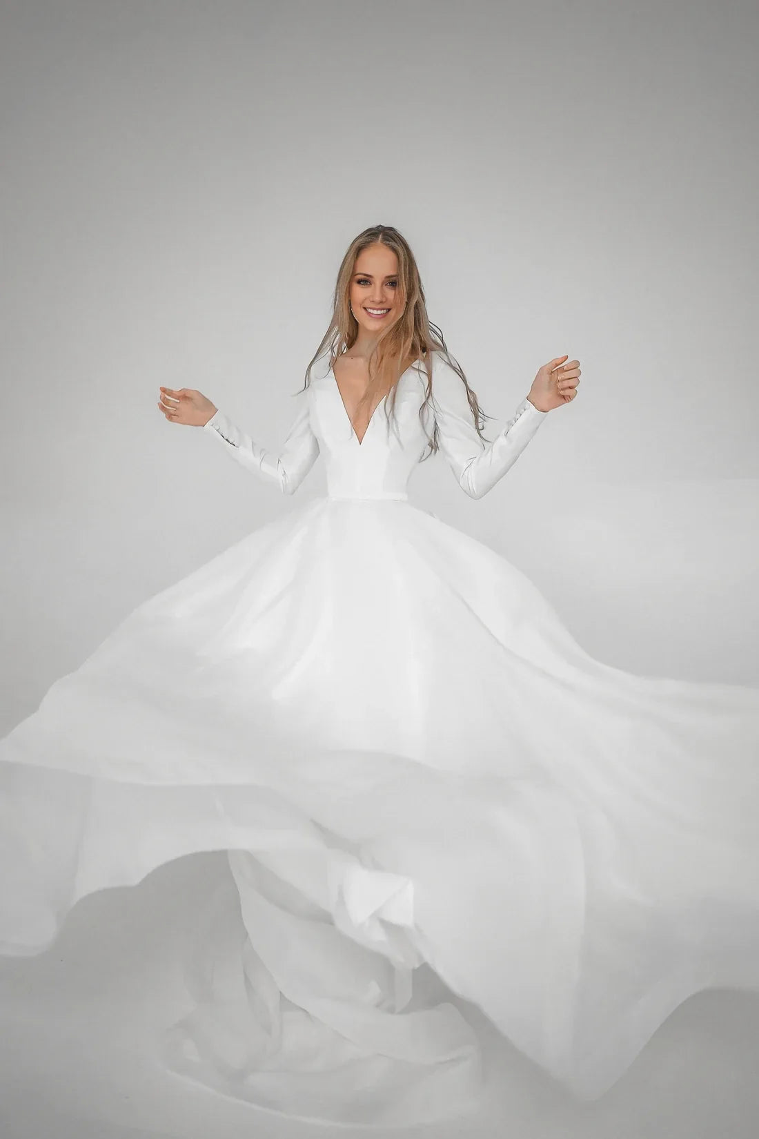 A-Line V-Neck Long Sleeve Open Back Floor-Length Wedding Dress - Chloe Dress