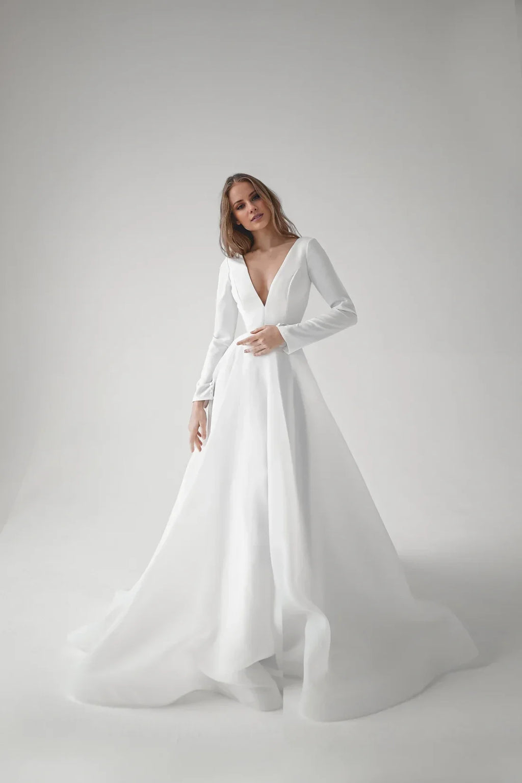 A-Line V-Neck Long Sleeve Open Back Floor-Length Wedding Dress - Chloe Dress