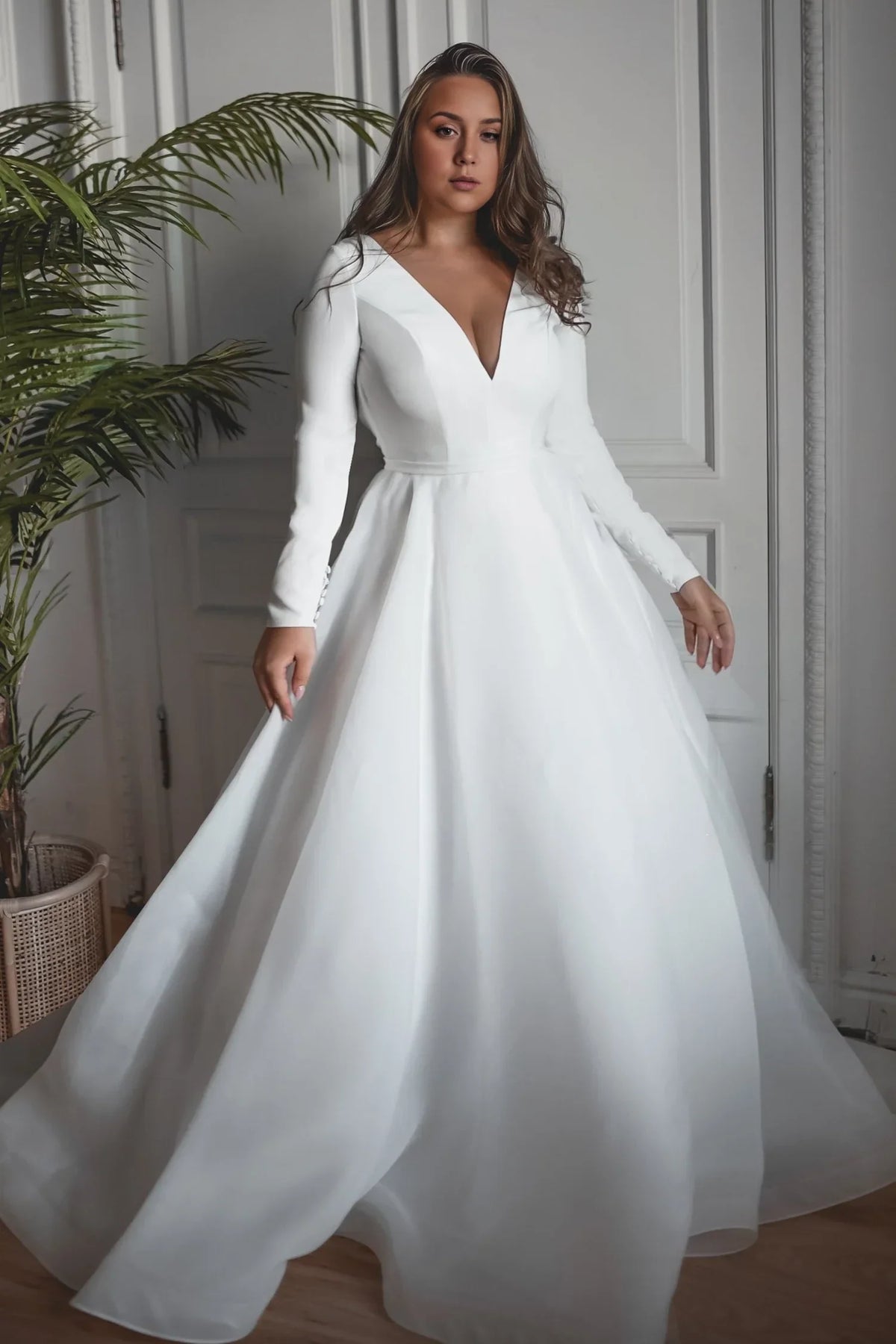A-Line V-Neck Long Sleeve Open Back Floor-Length Wedding Dress - Chloe Dress