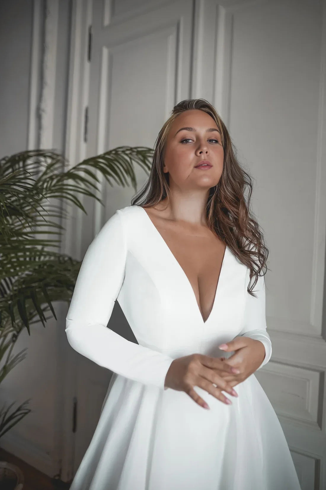 A-Line V-Neck Long Sleeve Open Back Floor-Length Wedding Dress - Chloe Dress