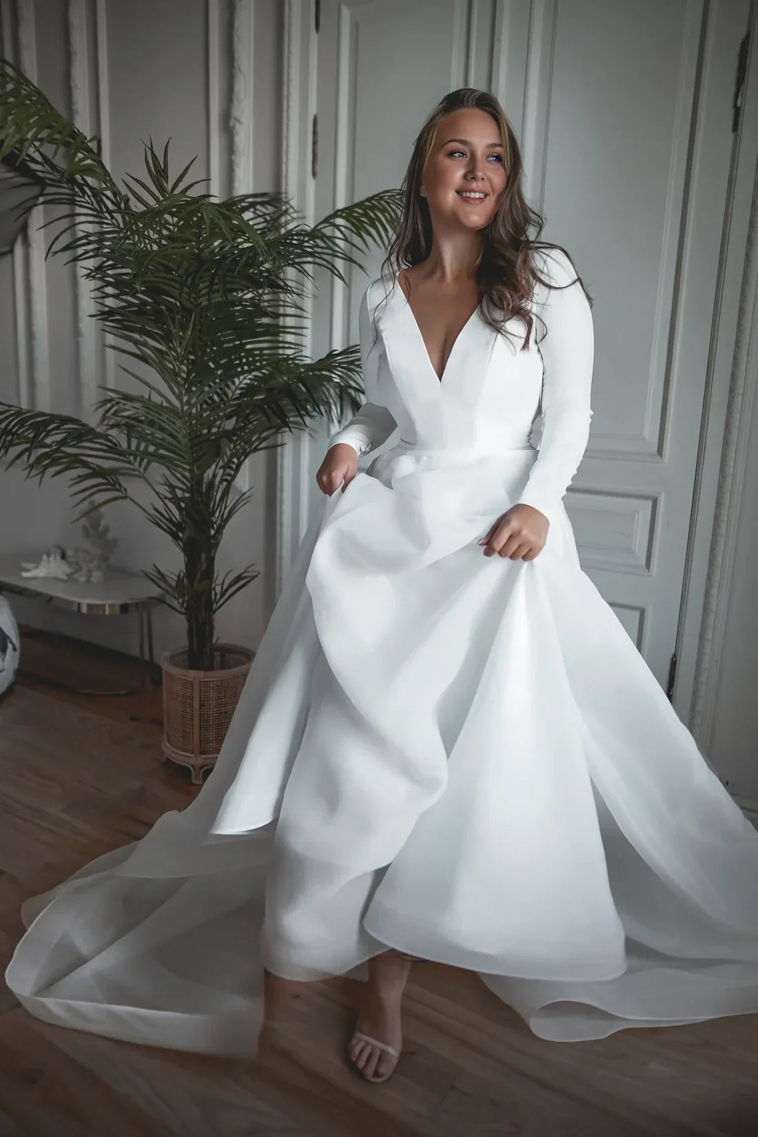 A-Line V-Neck Long Sleeve Open Back Floor-Length Wedding Dress - Chloe Dress