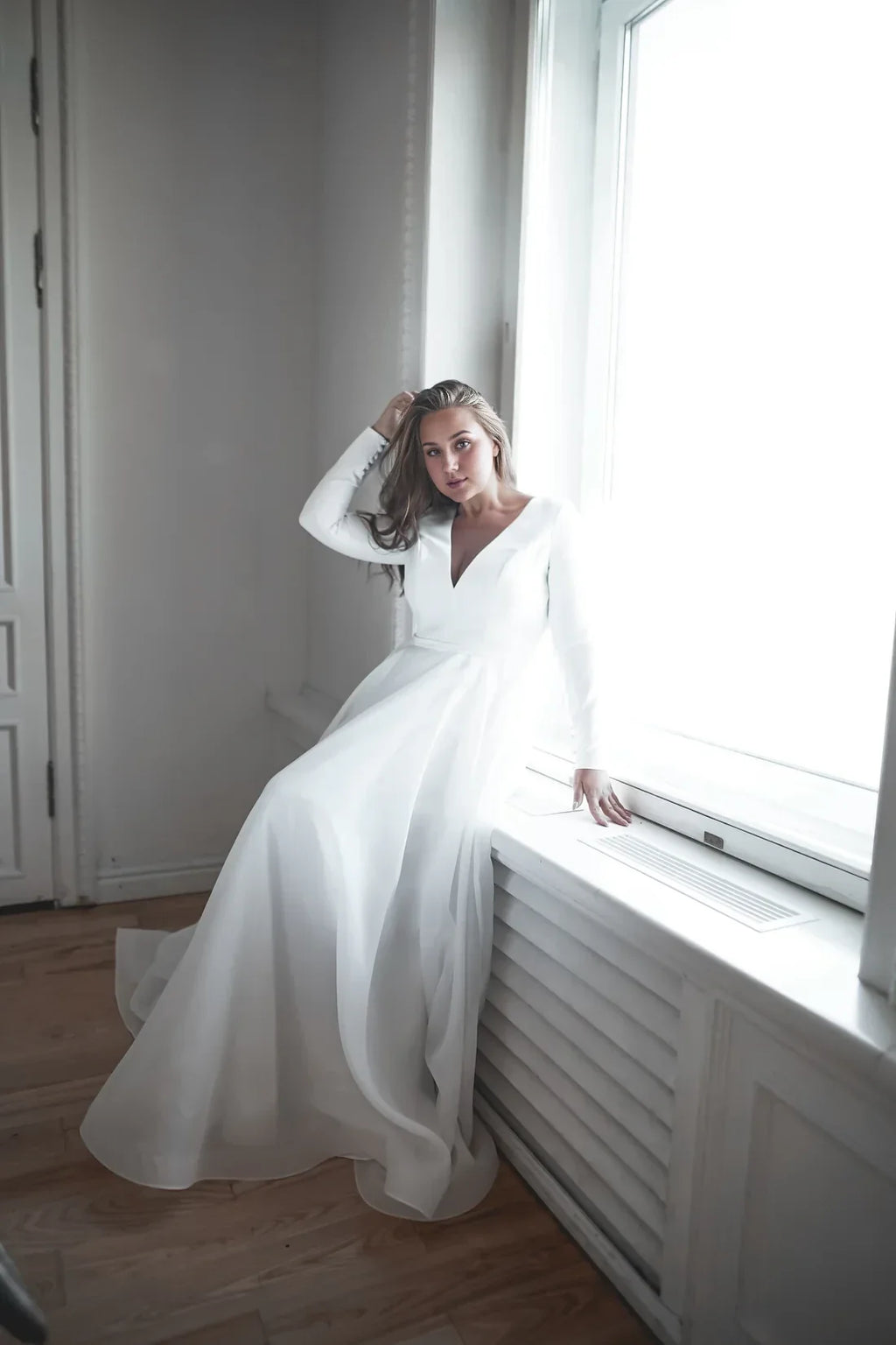 A-Line V-Neck Long Sleeve Open Back Floor-Length Wedding Dress - Chloe Dress