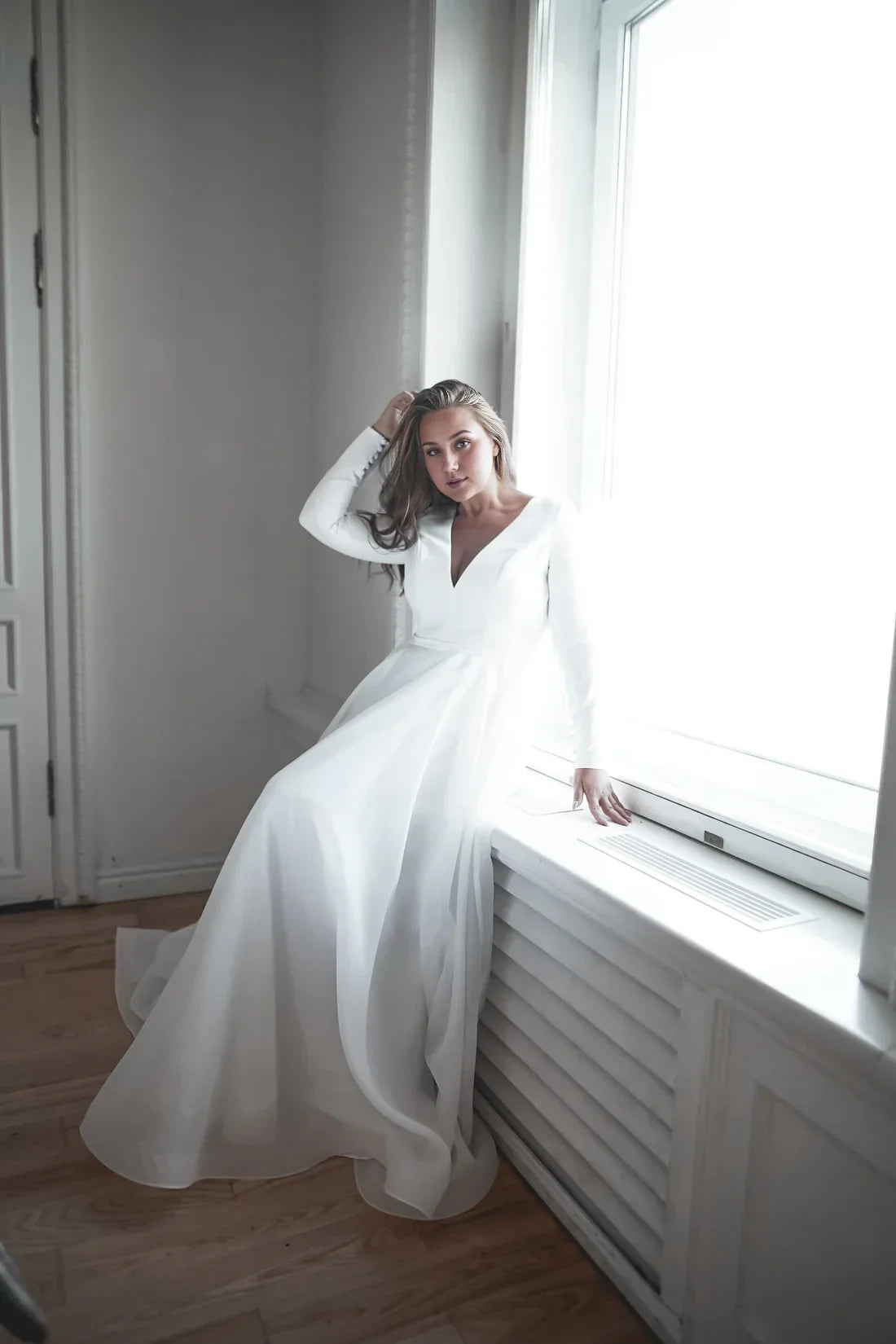 A-Line V-Neck Long Sleeve Open Back Floor-Length Wedding Dress - Chloe Dress