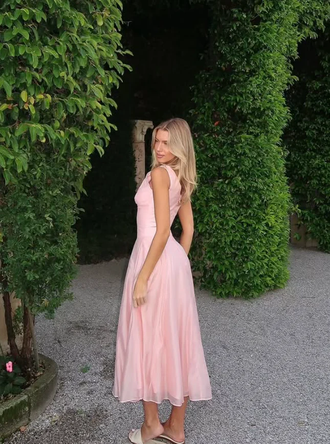 A-Line V-Neck Sleeveless Button Back Midi Evening Dress - Chloe Dress