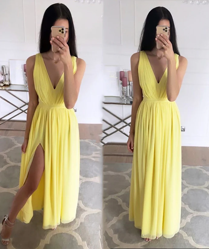 A-Line V-Neck Chiffon Sleeveless High Slit Floor-Length Evening Dress - Chloe Dress
