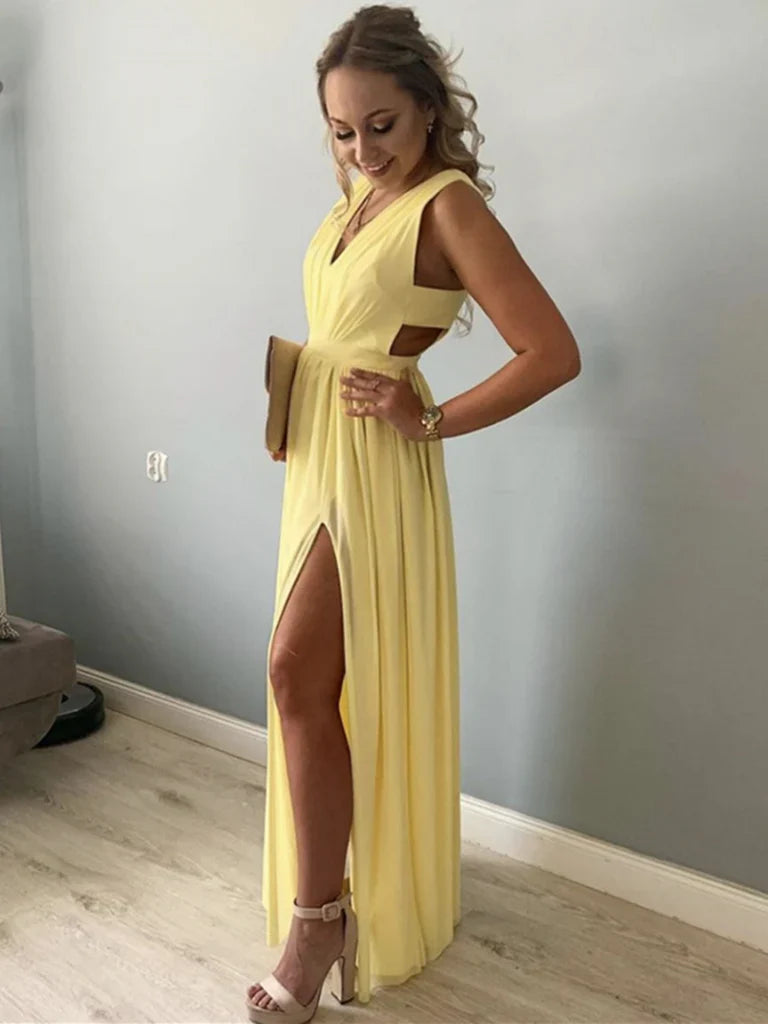 A-Line V-Neck Chiffon Sleeveless High Slit Floor-Length Evening Dress - Chloe Dress