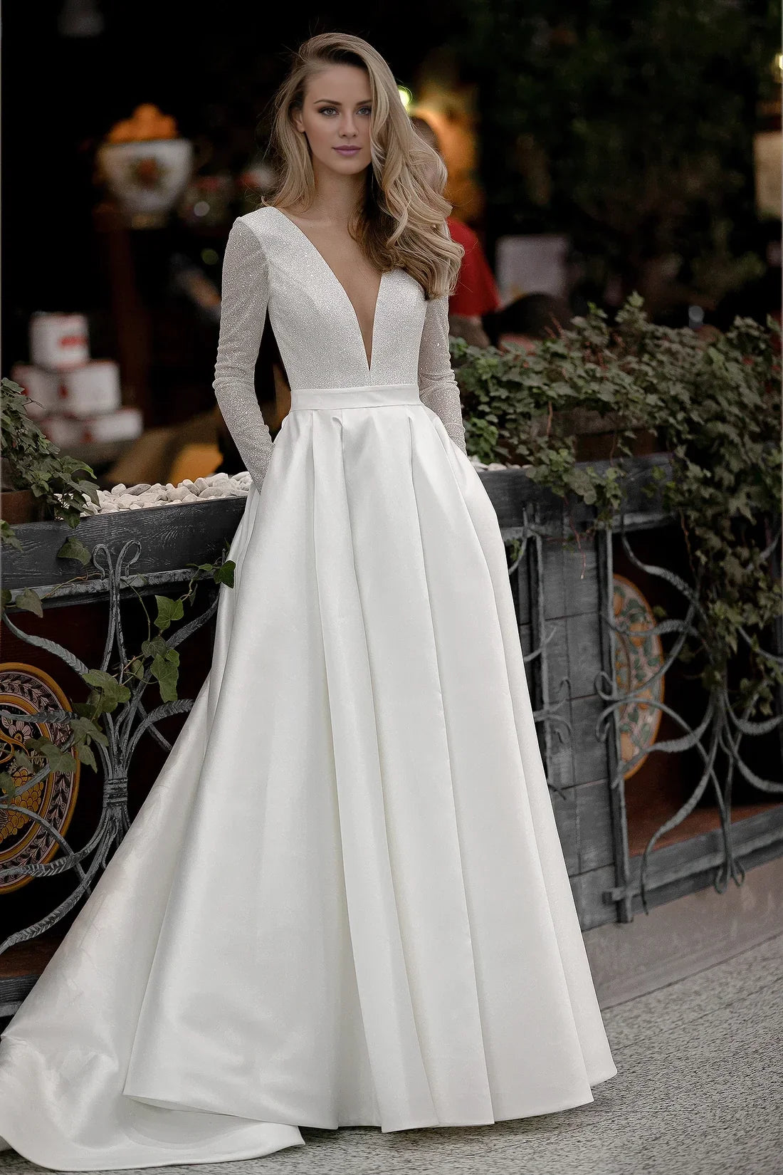 A-Line V-Neck Long Sleeve Open Back Floor-Length Wedding Dress - Chloe Dress