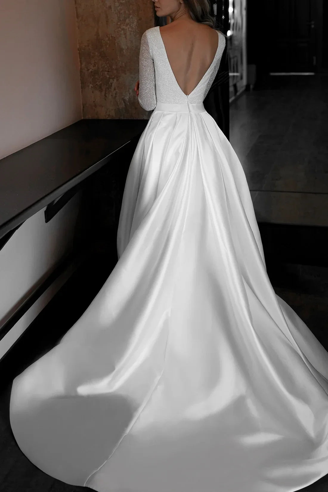 A-Line V-Neck Long Sleeve Open Back Floor-Length Wedding Dress - Chloe Dress