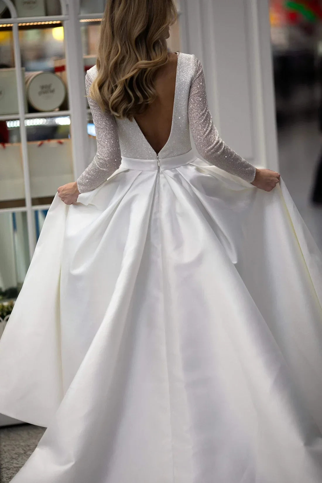 A-Line V-Neck Long Sleeve Open Back Floor-Length Wedding Dress - Chloe Dress