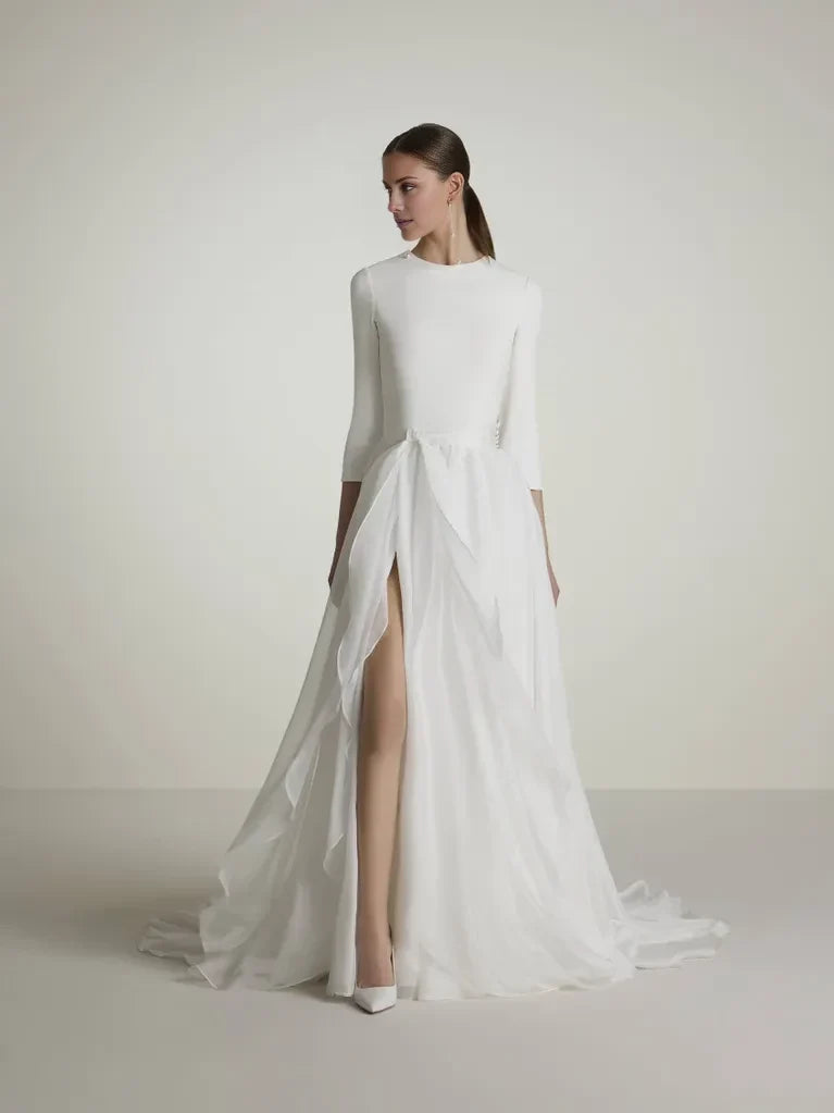 A-Line High Neck Three-Quarter Sleeve High Slit Floor-Length Wedding Dress - Chloe Dress