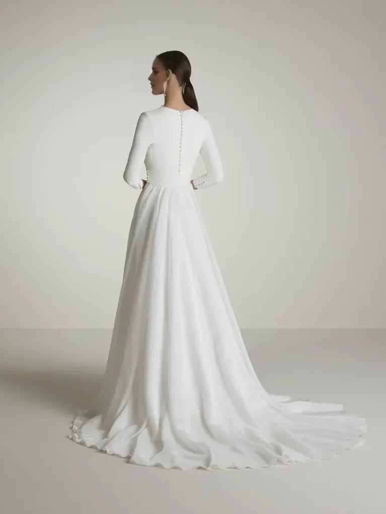 A-Line High Neck Three-Quarter Sleeve High Slit Floor-Length Wedding Dress - Chloe Dress