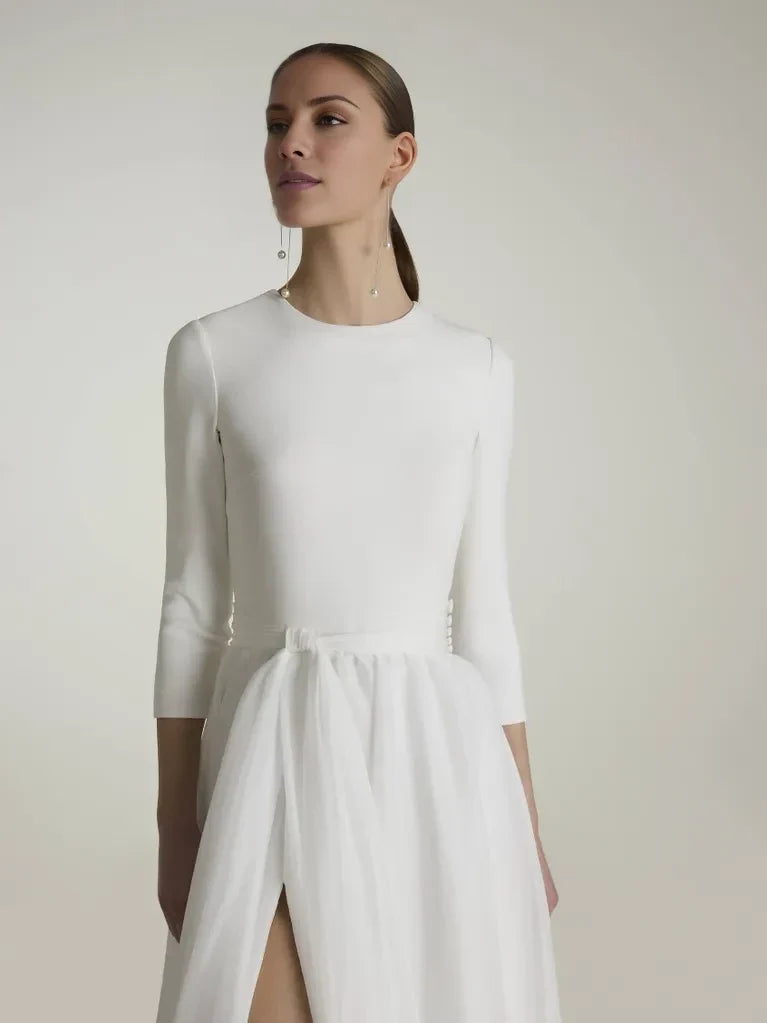 A-Line High Neck Three-Quarter Sleeve High Slit Floor-Length Wedding Dress - Chloe Dress