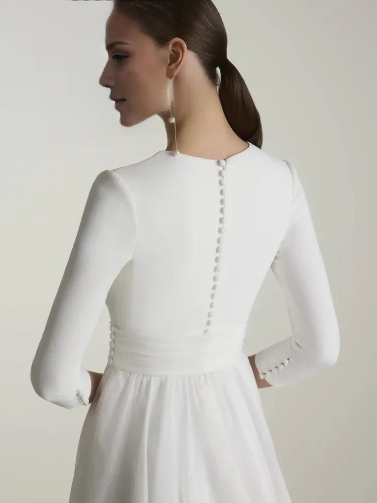 A-Line High Neck Three-Quarter Sleeve High Slit Floor-Length Wedding Dress - Chloe Dress