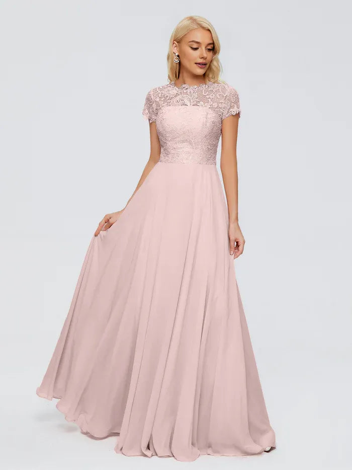 A-Line High Neck Cap Sleeve Applique Floor-Length Wedding Dress - Chloe Dress