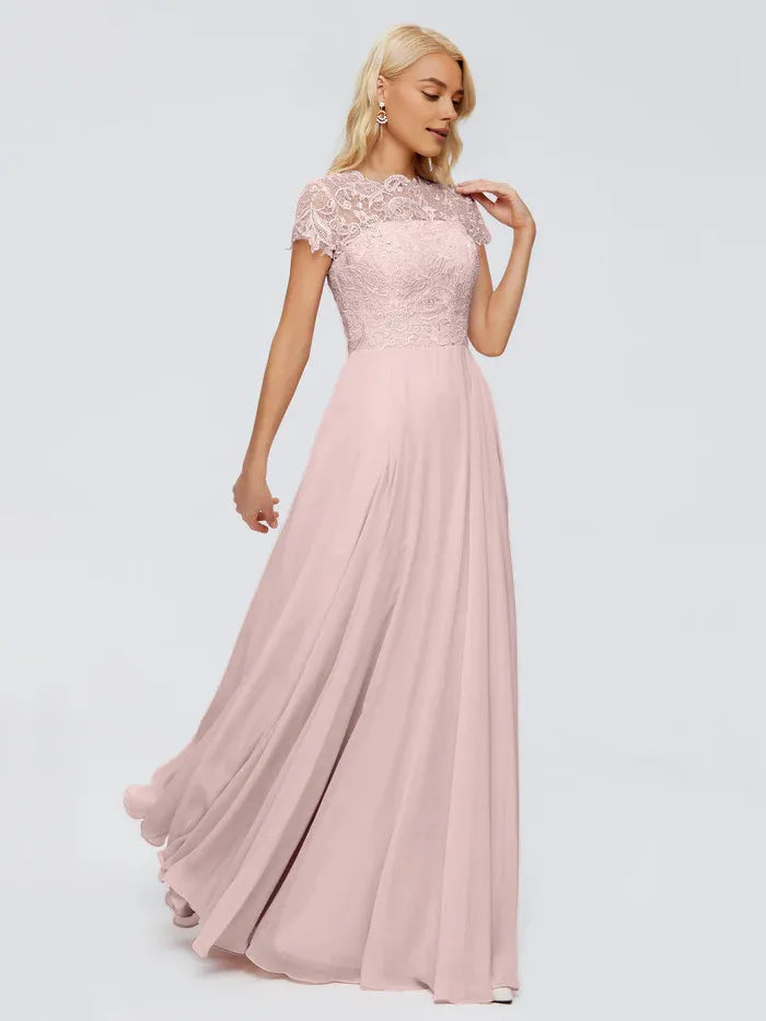 A-Line High Neck Cap Sleeve Applique Floor-Length Wedding Dress - Chloe Dress