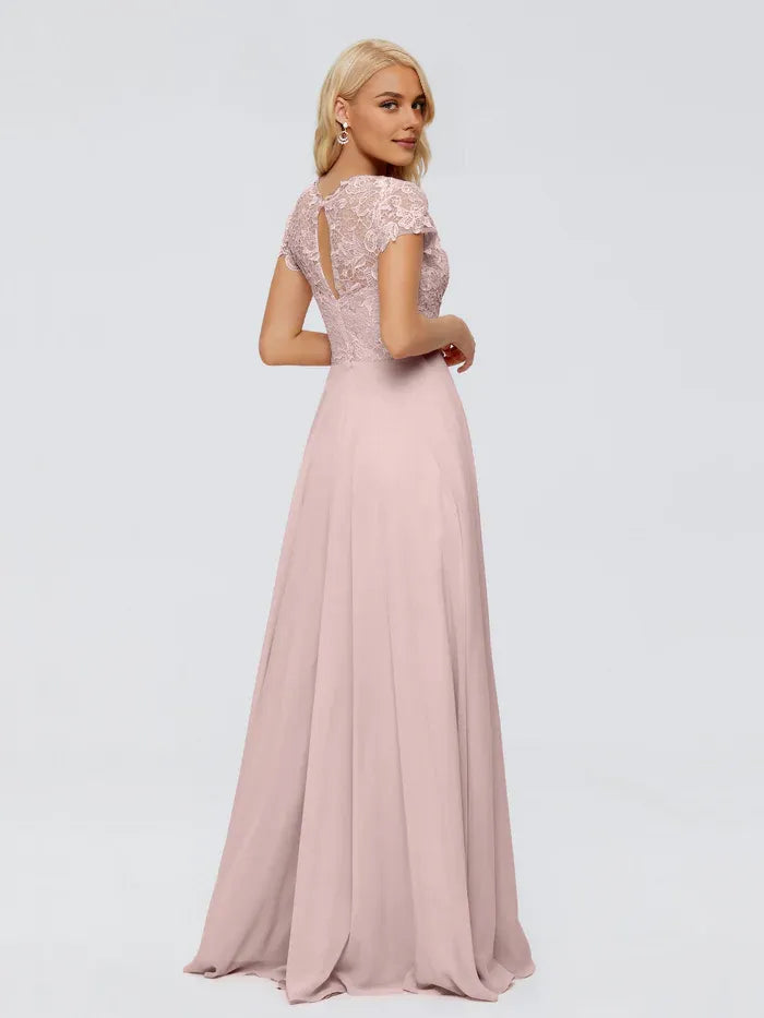 A-Line High Neck Cap Sleeve Applique Floor-Length Wedding Dress - Chloe Dress