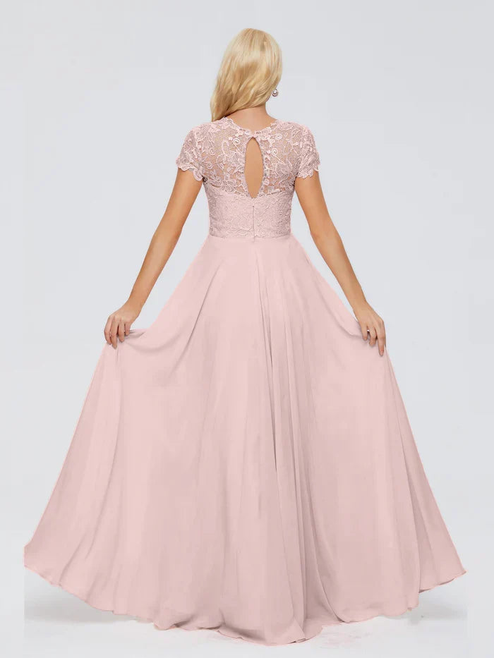 A-Line High Neck Cap Sleeve Applique Floor-Length Wedding Dress - Chloe Dress