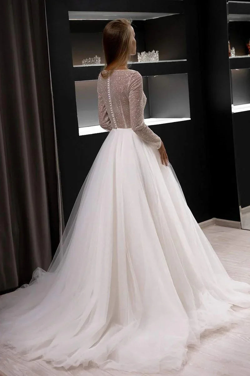A-Line Illusion Long Sleeve Floor-Length Wedding Dress - Chloe Dress