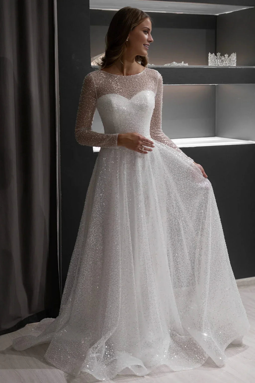A-Line Illusion Long Sleeve Floor-Length Wedding Dress - Chloe Dress