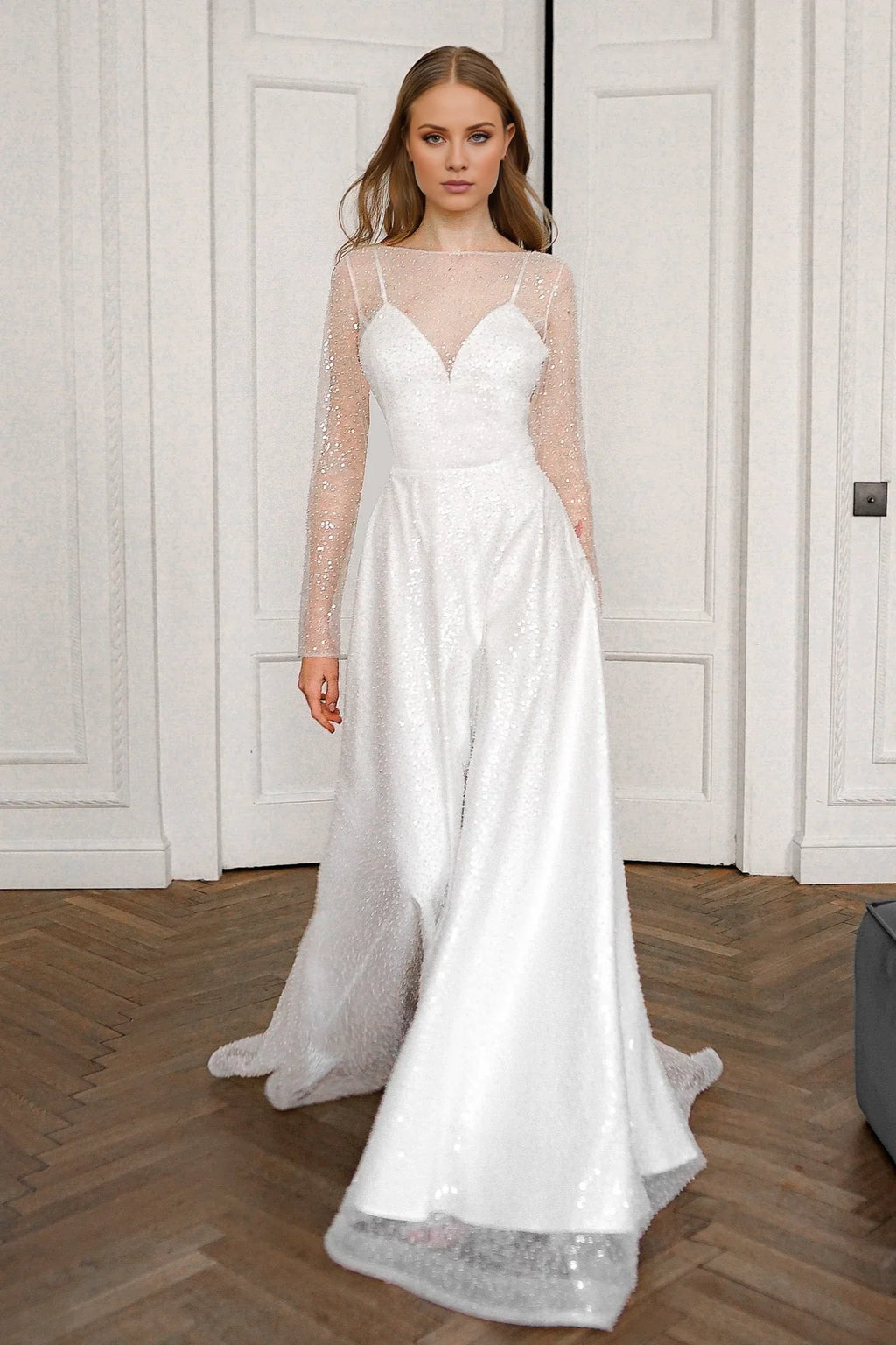 A-Line Illusion Long Sleeve Open Back Floor-Length Wedding Dress - Chloe Dress