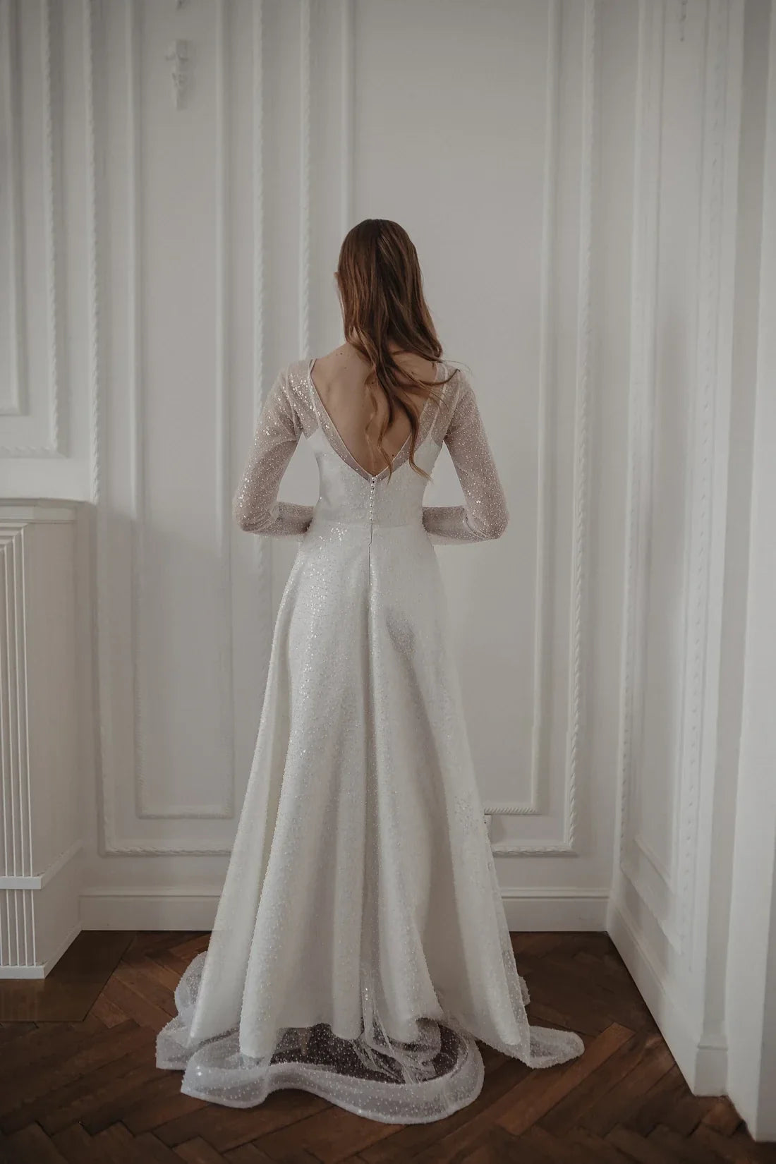 A-Line Illusion Long Sleeve Open Back Floor-Length Wedding Dress - Chloe Dress