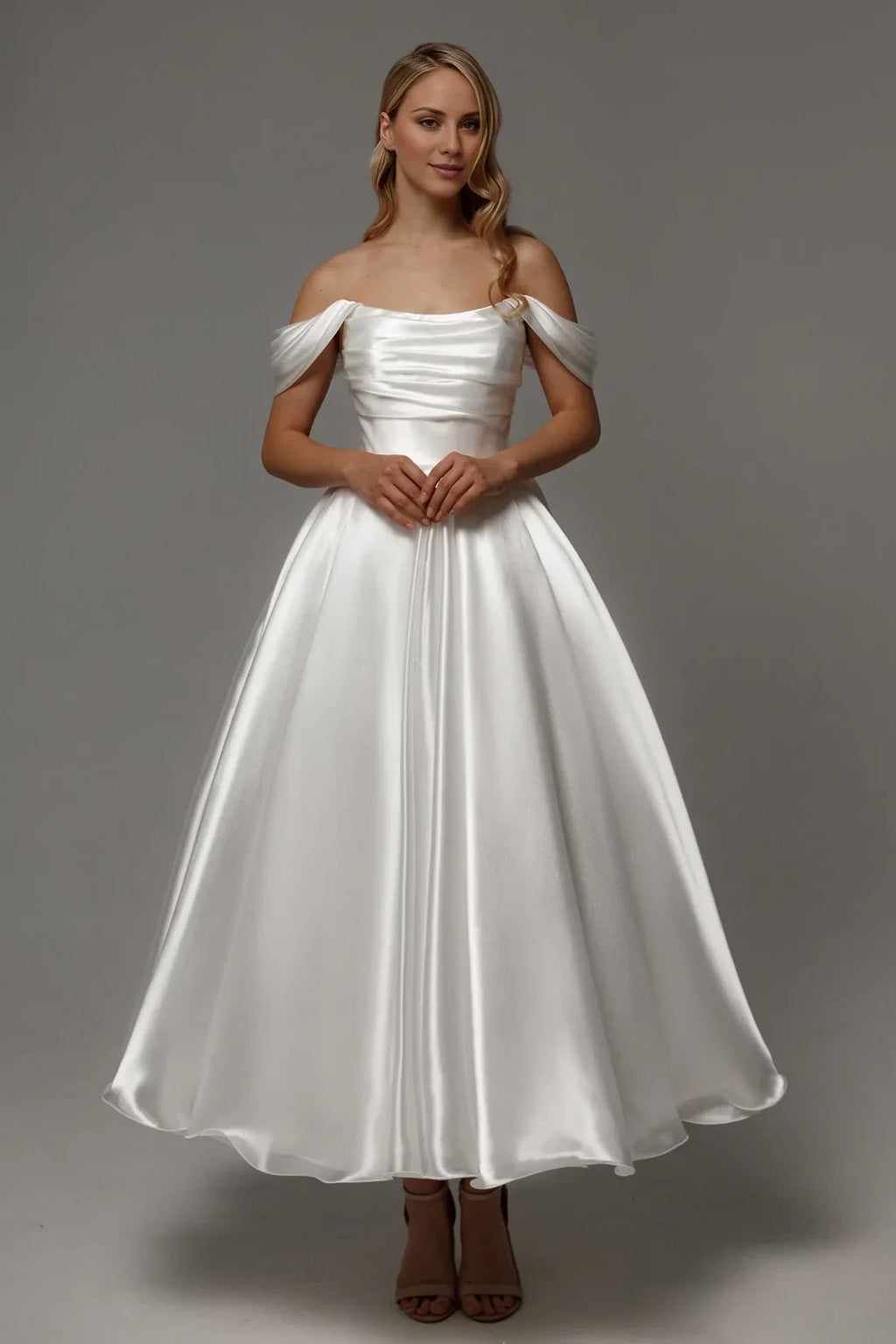 A-Line Off-Shoulder Satin Sleeveless Lace-Up Back Tea-Length Wedding Dress - Chloe Dress