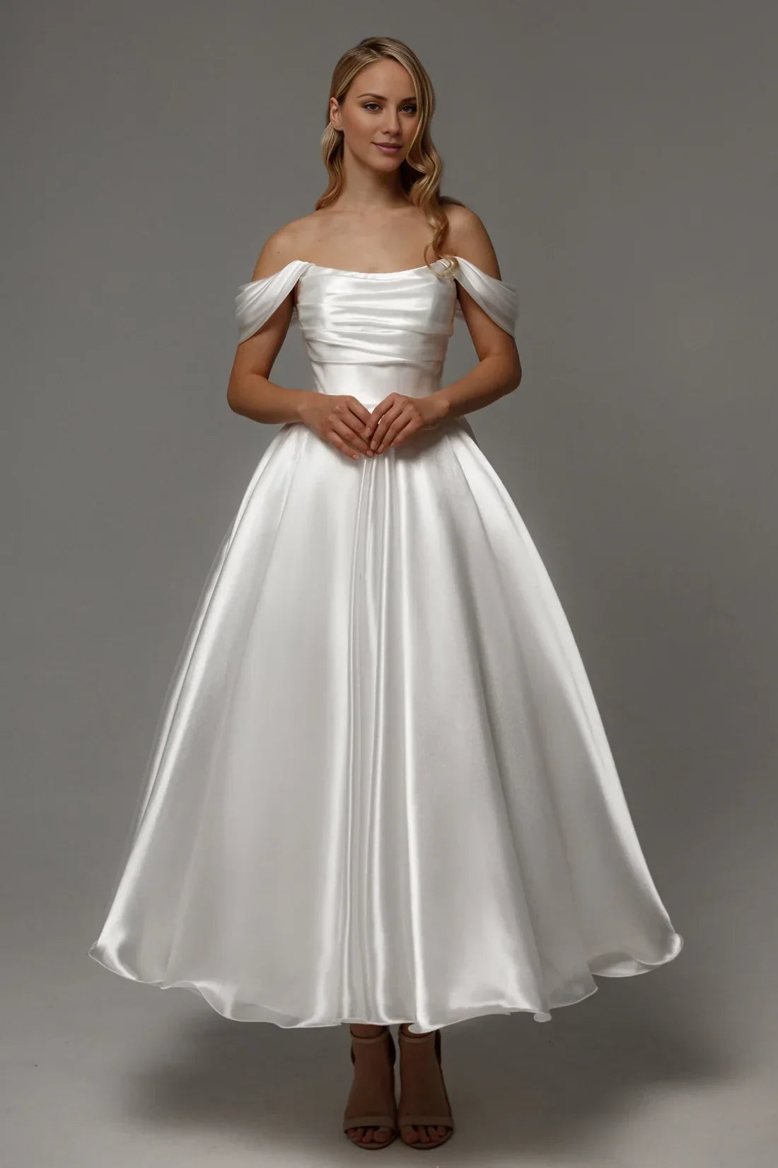 A-Line Off-Shoulder Satin Sleeveless Lace-Up Back Tea-Length Wedding Dress - Chloe Dress