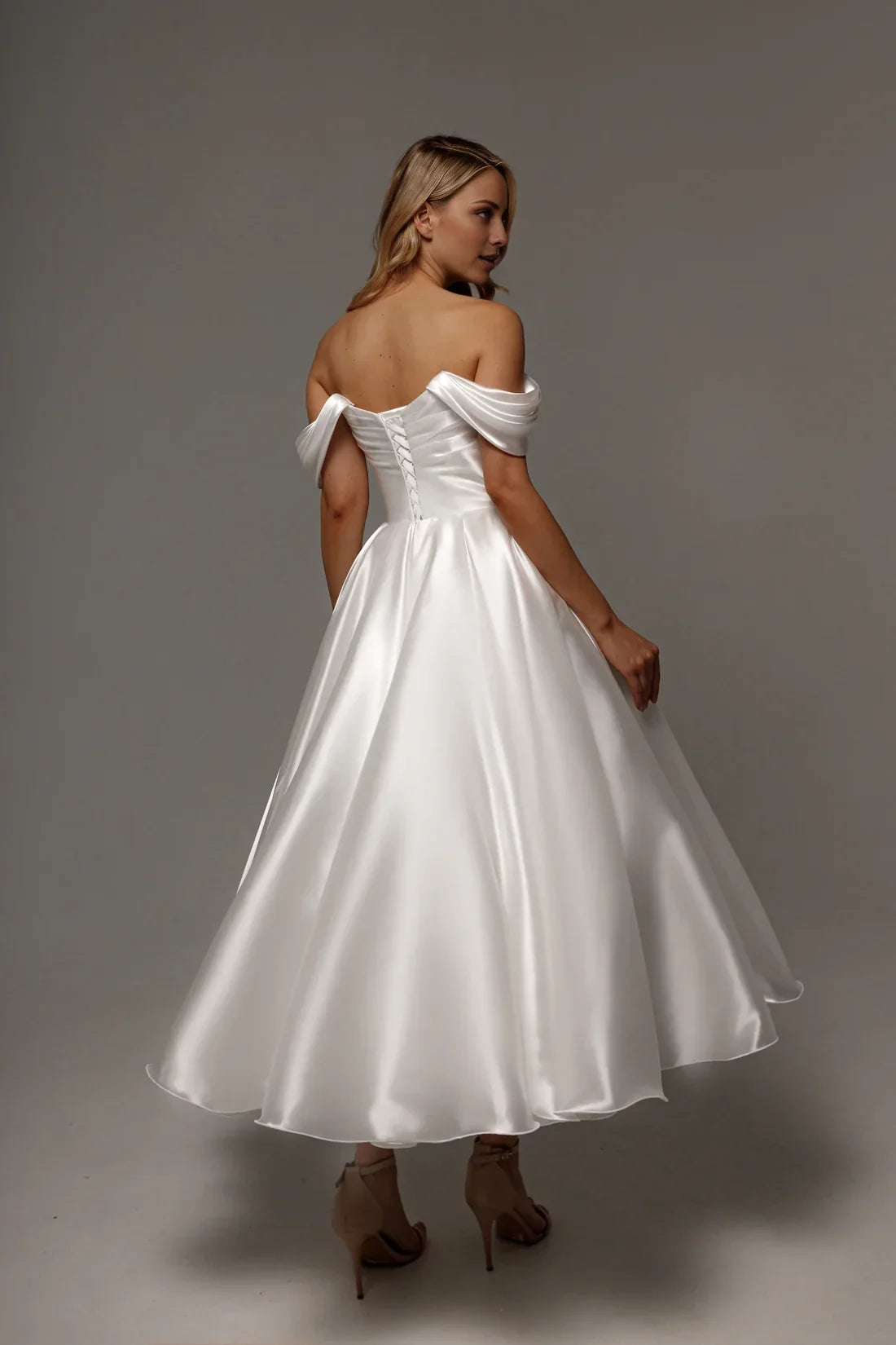 A-Line Off-Shoulder Satin Sleeveless Lace-Up Back Tea-Length Wedding Dress - Chloe Dress