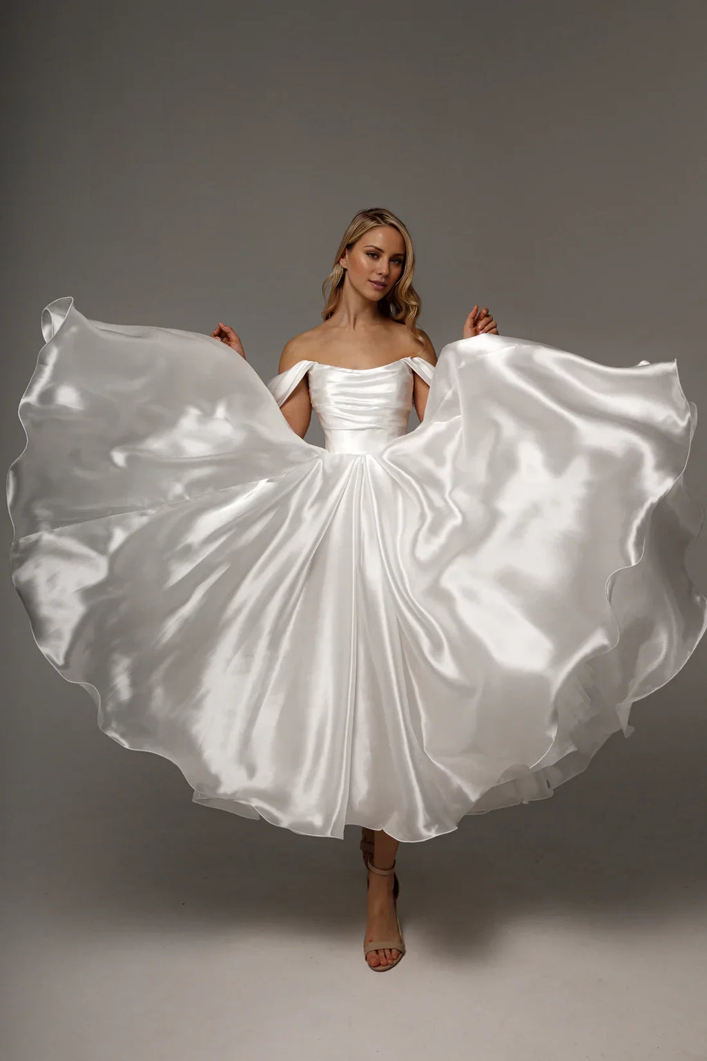 A-Line Off-Shoulder Satin Sleeveless Lace-Up Back Tea-Length Wedding Dress - Chloe Dress