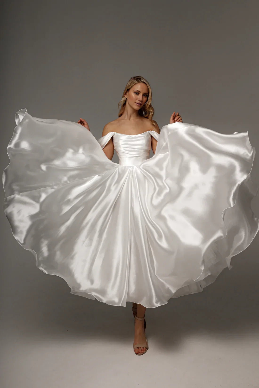 A-Line Off-Shoulder Satin Sleeveless Lace-Up Back Tea-Length Wedding Dress - Chloe Dress
