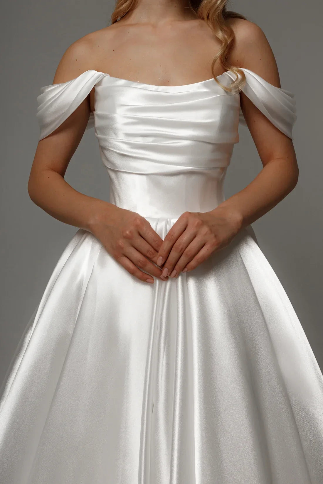 A-Line Off-Shoulder Satin Sleeveless Lace-Up Back Tea-Length Wedding Dress - Chloe Dress