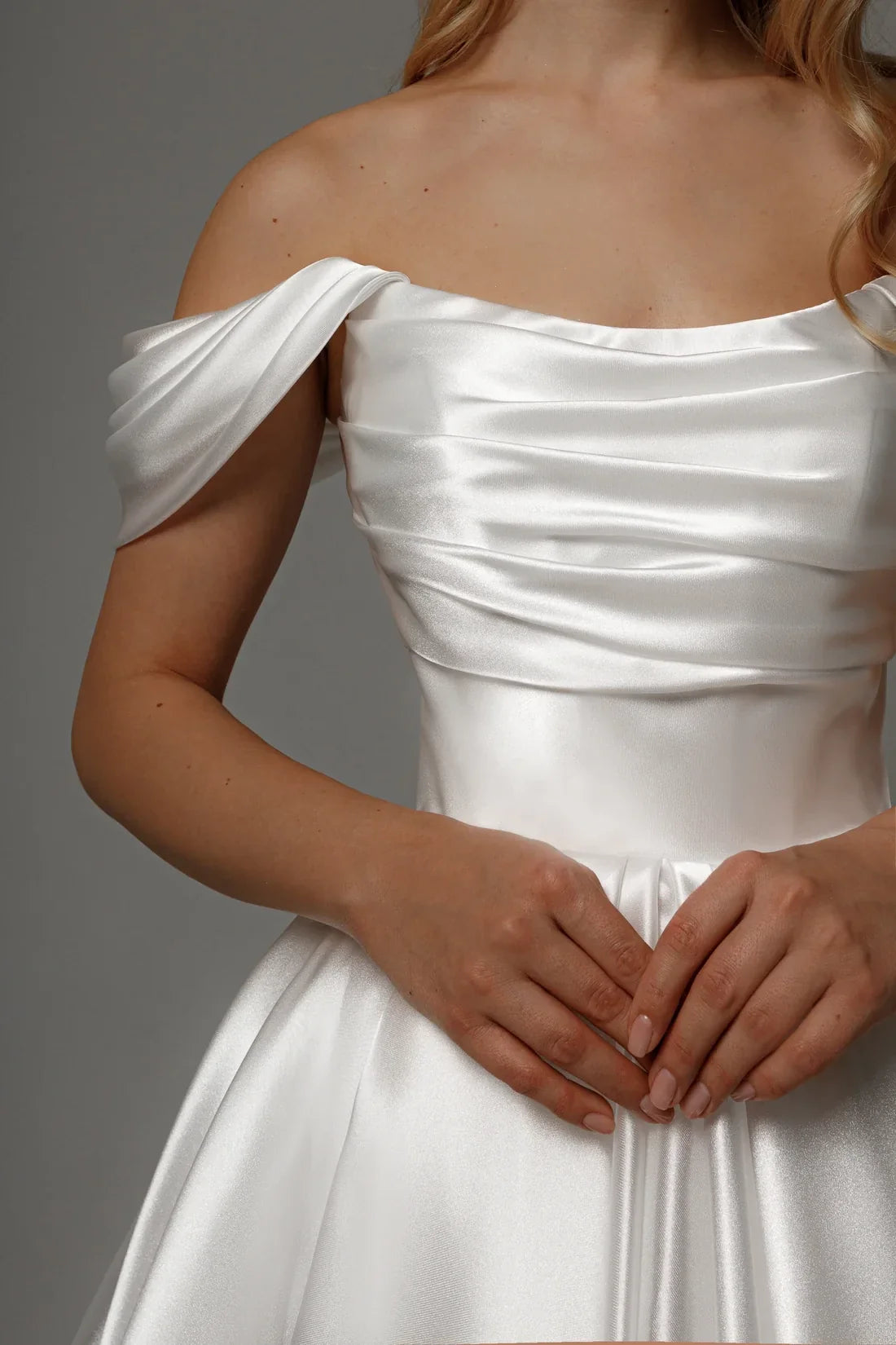 A-Line Off-Shoulder Satin Sleeveless Lace-Up Back Tea-Length Wedding Dress - Chloe Dress