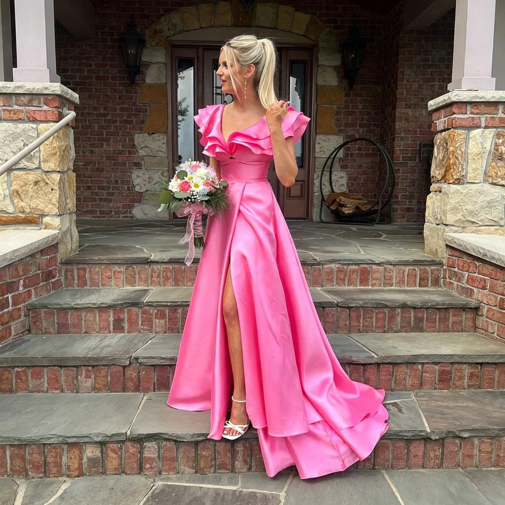 A-Line Off-Shoulder Satin High Slit Floor-Length Evening Dress - Chloe Dress
