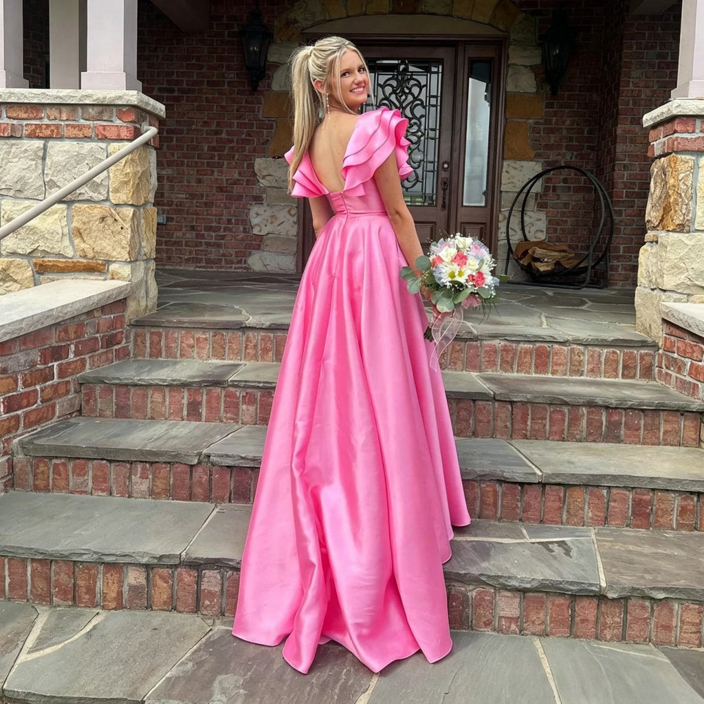 A-Line Off-Shoulder Satin High Slit Floor-Length Evening Dress - Chloe Dress