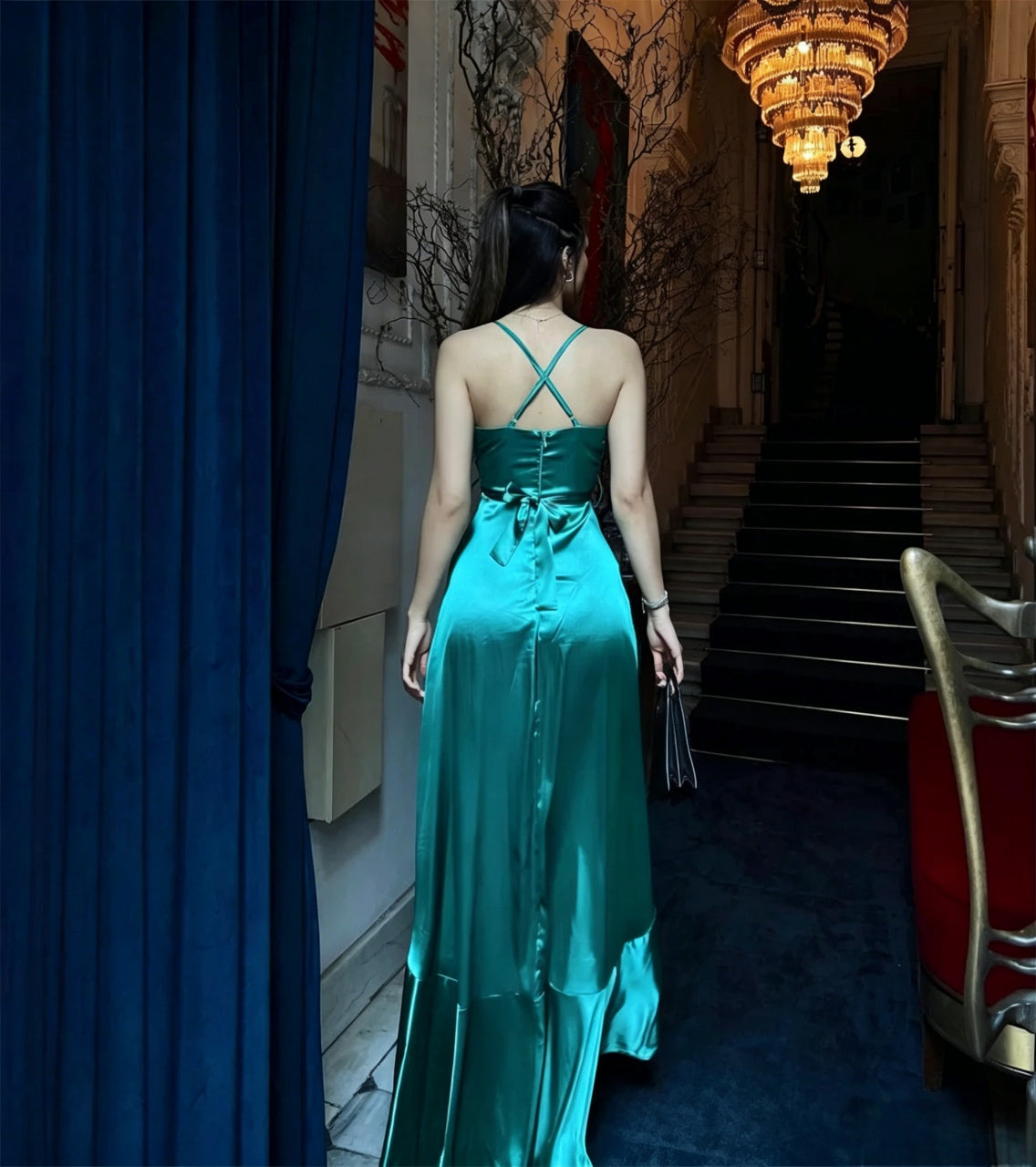 A-Line V-Neck Satin High Slit Evening Dress - Chloe Dress