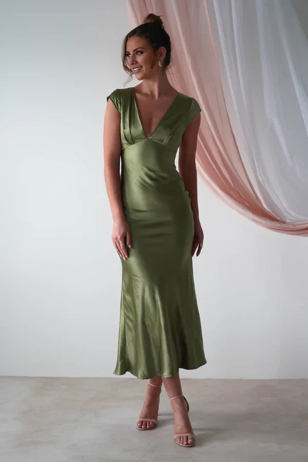 A-Line V-Neck Satin Short Sleeve Floor-Length Prom Dress - Chloe Dress