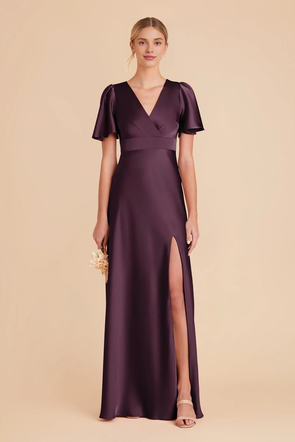 A-Line V-Neck Satin High Slit Floor-Length Wedding Dress - Chloe Dress