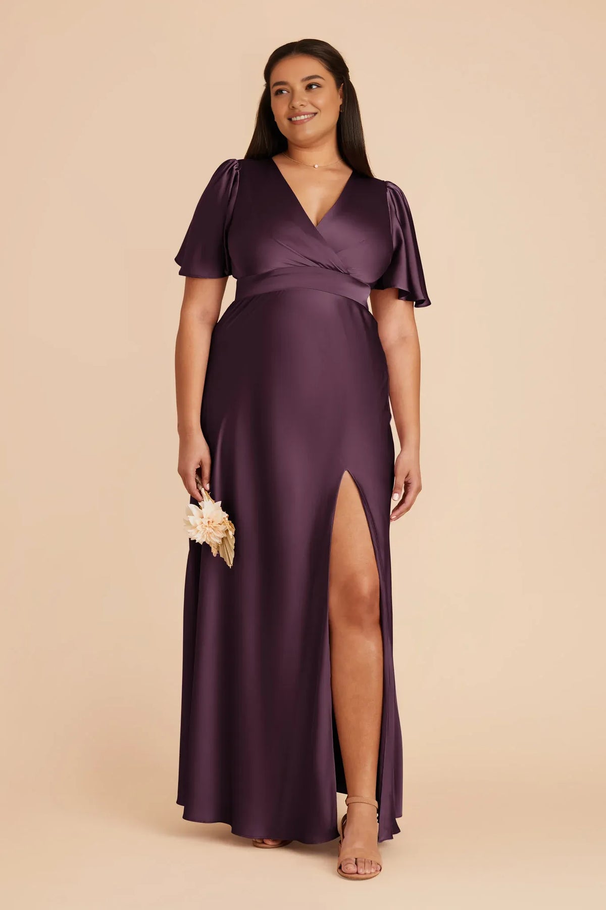 A-Line V-Neck Satin High Slit Floor-Length Wedding Dress - Chloe Dress
